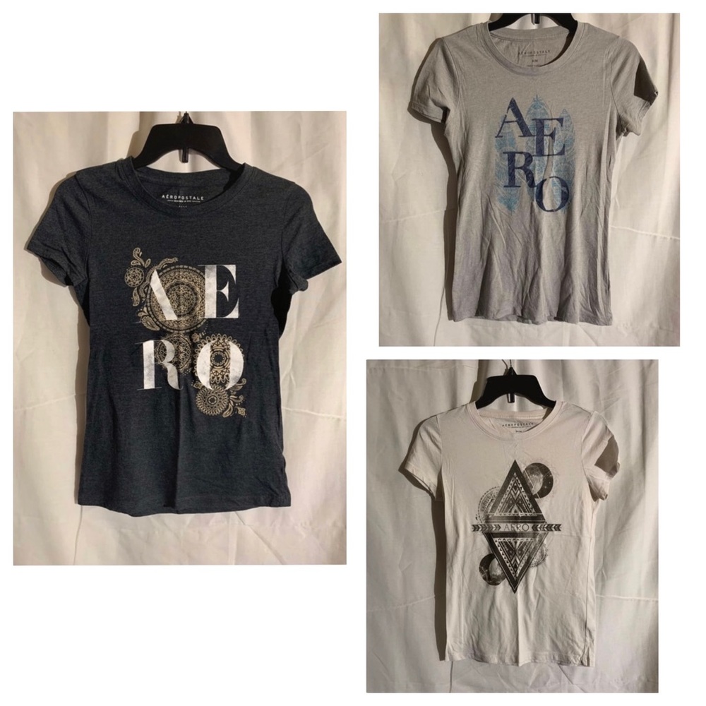 Set of 3 Aeropostale Crew Neck T Shirts, Size M, White, Gray, Neutral
